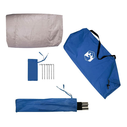 Detail van de vidaXL strandtent met accessoires, inclusief haringen en stokken in een blauwe tas.