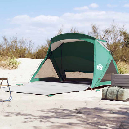 Detail van de vidaXL 2-persoons zeegroene strandtent met open voorkant op het zand.