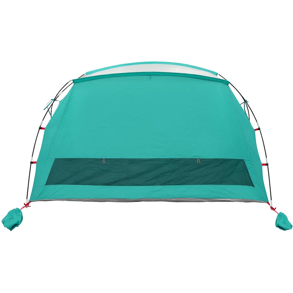 Detail van de zeegroen waterdichte vidaXL strandtent met open voorkant en stabilisatiezakken.