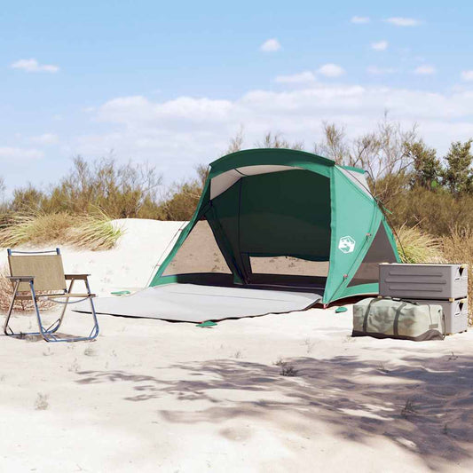 Zeegroen vidaXL strandtent voor twee personen met schaduwdoek op het strand.