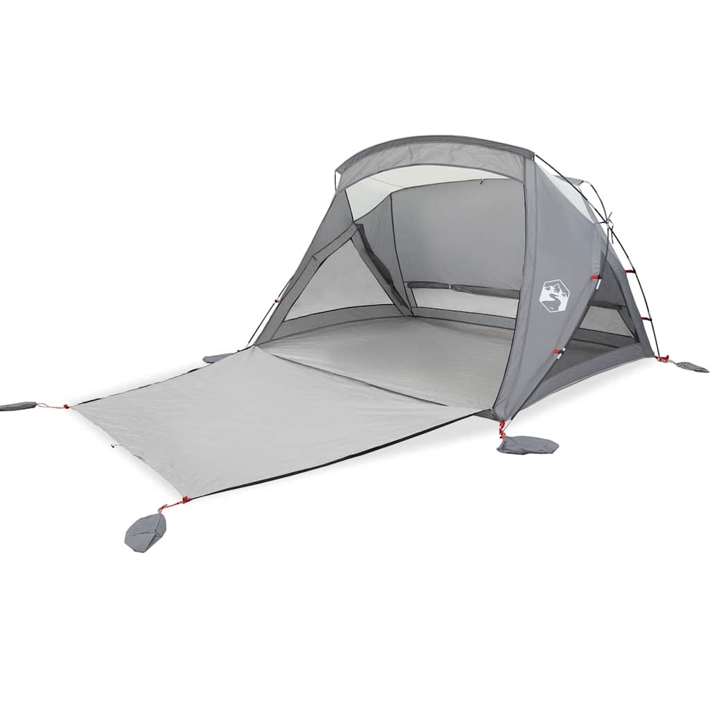 Detail van de vidaXL 2-persoons strandtent in grijs, met open voorkant en gaaswanden.