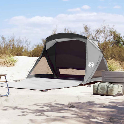Zijaanzicht van de vidaXL 2-persoons waterdichte strandtent in grijs, met gaaswanden.