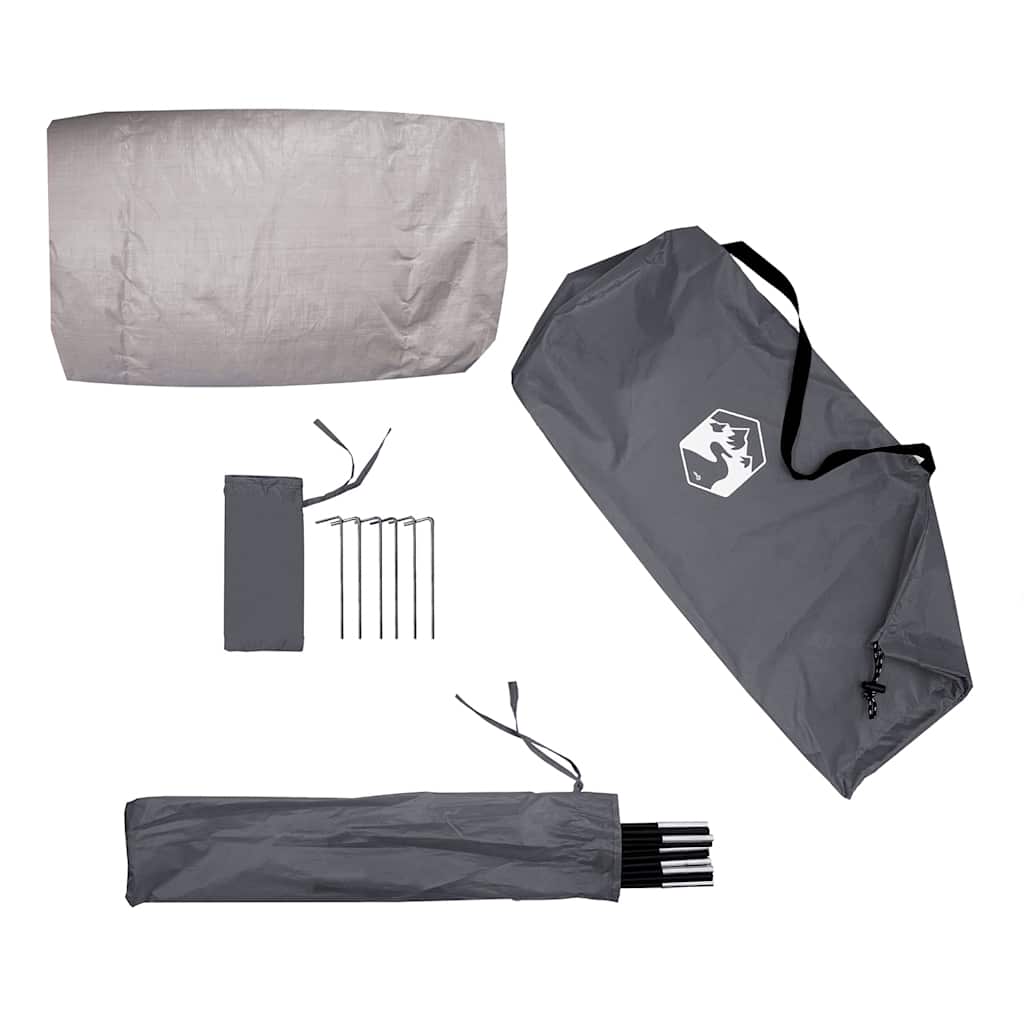 Detail van de vidaXL strandtent met stokken, haringen en draagtas in grijs.