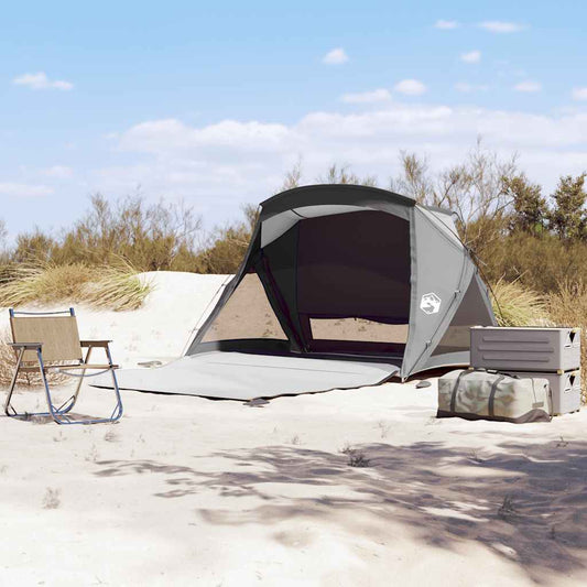 Grijze vidaXL strandtent voor twee personen, waterdicht met gaaszijwanden op het strand.