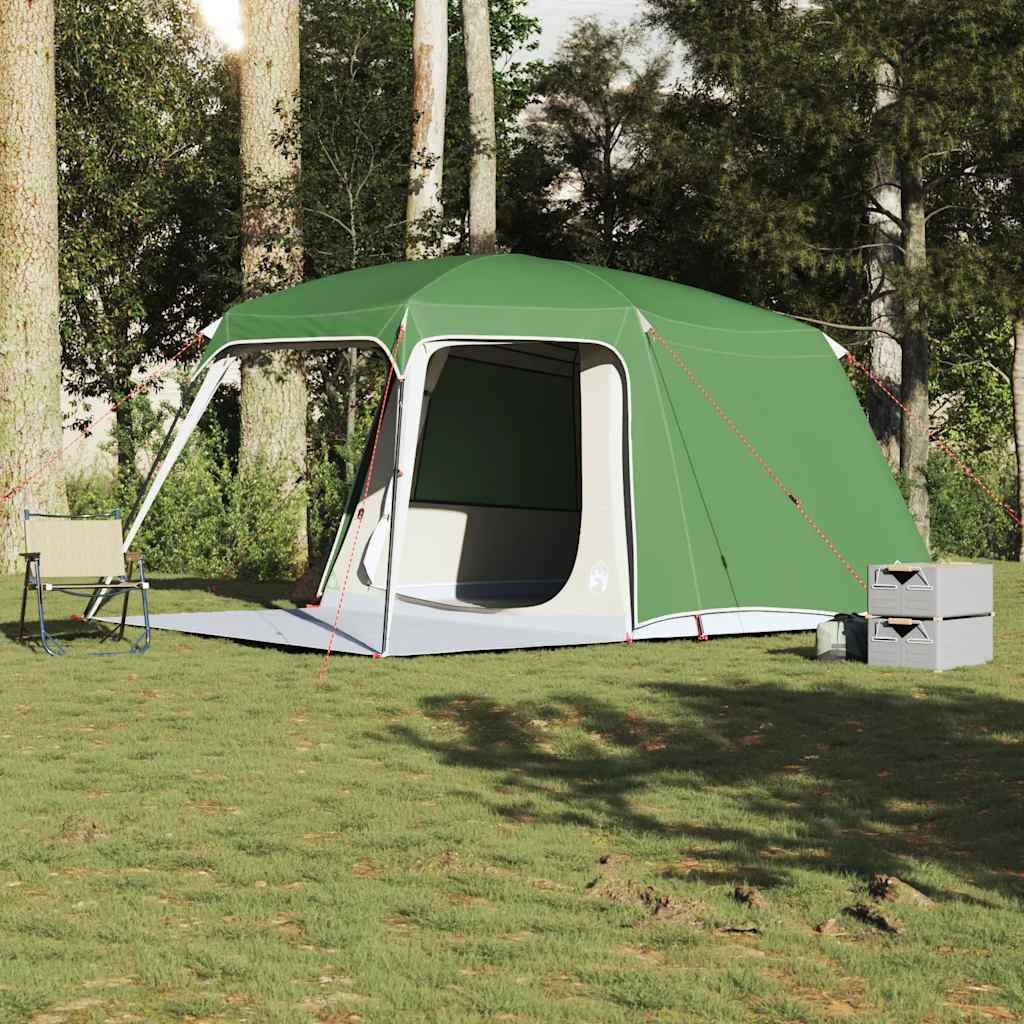 Zijaanzicht van de vidaXL 5-persoons kampeertent met verandakoepel in groen.