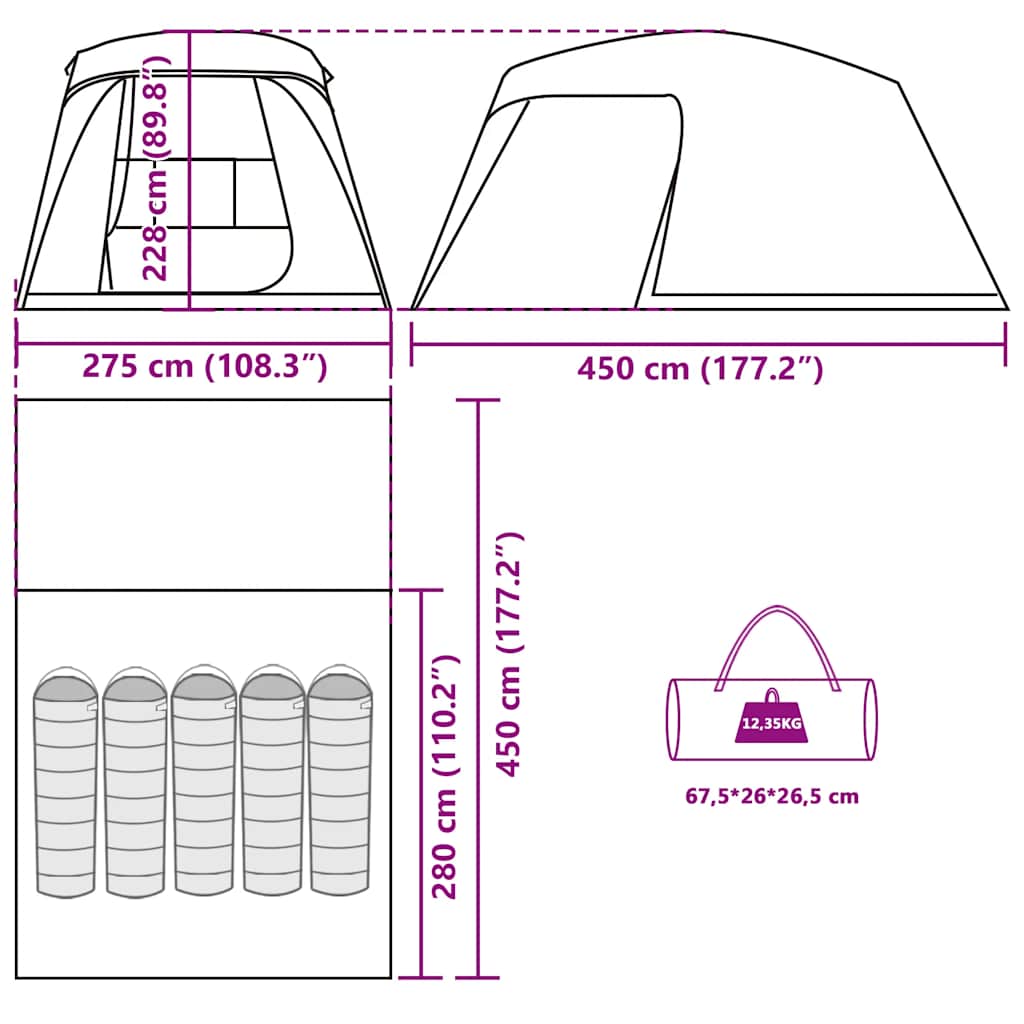 Detail van de afmetingen en ontwerp van de vidaXL 5-persoons kampeertent met verandakoepel.