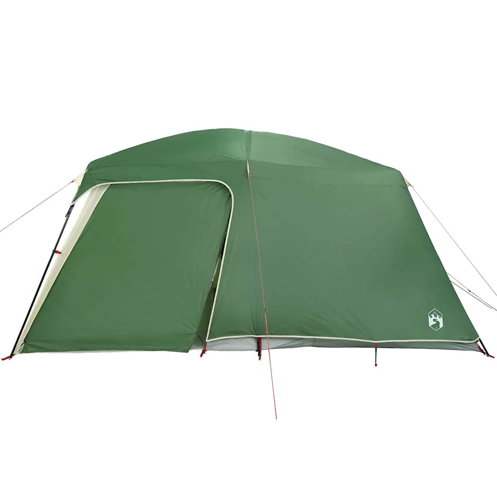 Detail van de groene vidaXL kampeertent met verandakoepel, zijaanzicht van de ingang.