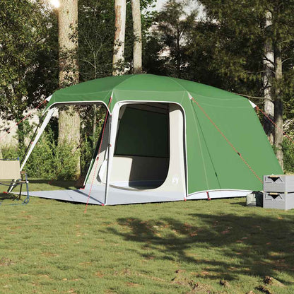 Groene vidaXL 5-persoons kampeertent met verandakoepel in een bosrijke omgeving.
