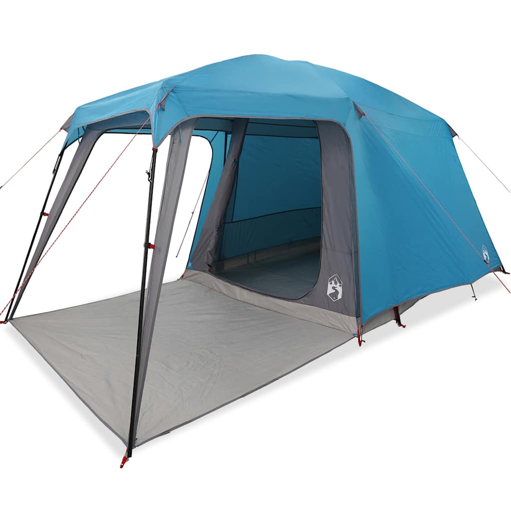 Detail van de vidaXL 5-persoons kampeertent in blauw met verandakoepel en open ingang.