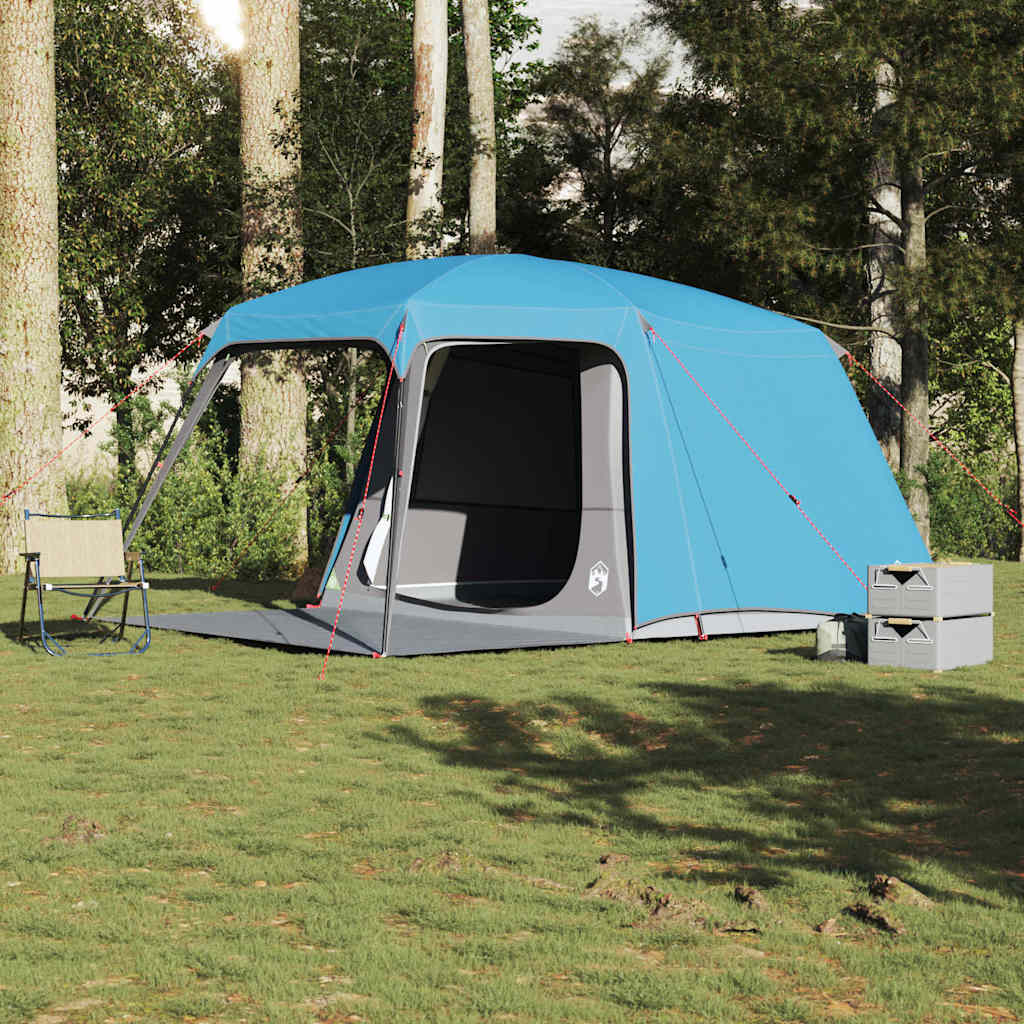 Zijaanzicht van de vidaXL 5-persoons kampeertent in blauw met verandakoepel.