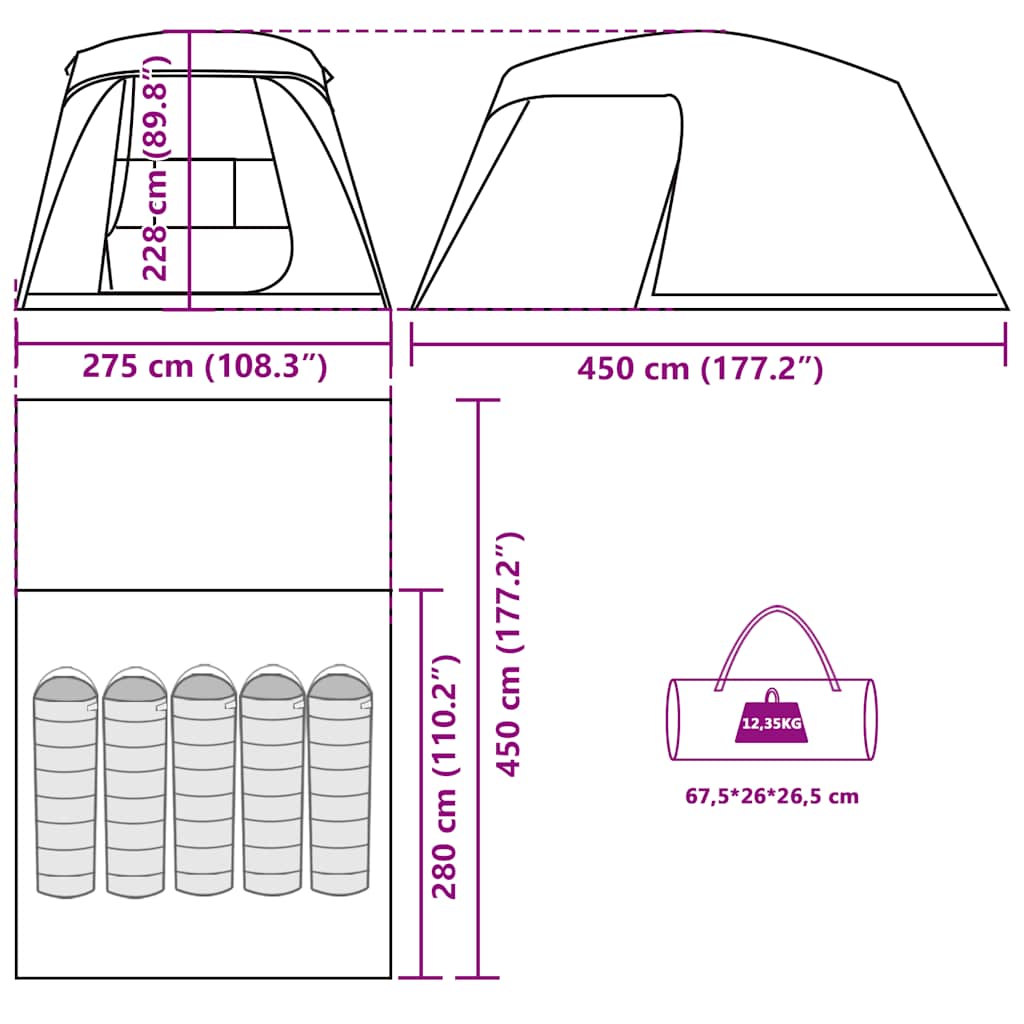 Detail van de afmetingen van de vidaXL 5-persoons kampeertent met verandakoepel.