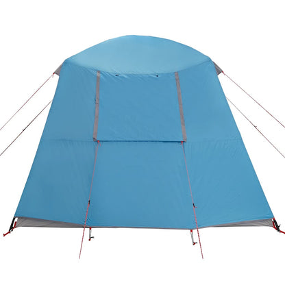 Detail van de blauwe vidaXL kampeertent met verandakoepel, zijaanzicht met open ventilatiepaneel.