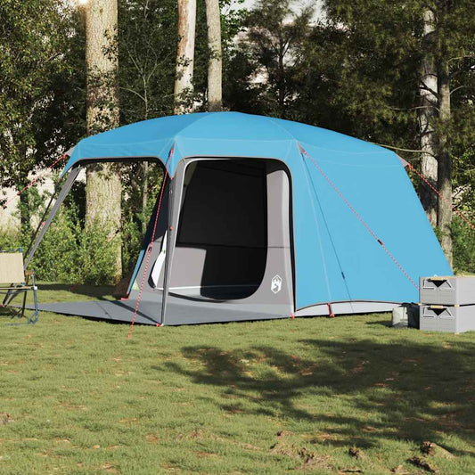 Blauwe vidaXL 5-persoons kampeertent met verandakoepel in groene omgeving.
