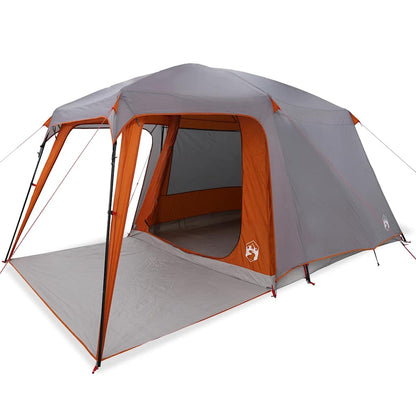 Detail van de vidaXL 5-persoons kampeertent met grijze en oranje kleuren en voortent.