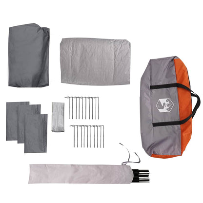 Detail van de vidaXL kampeertentaccessoires, inclusief haringen en opbergtas in grijs en oranje.