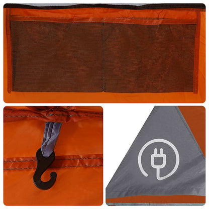 Detail van de grijze vidaXL kampeertent met oranje ventilatierooster en haak voor verlichting.