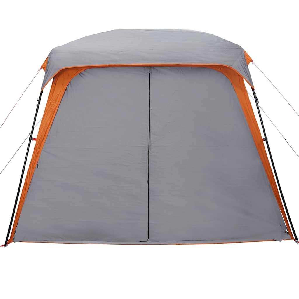 Detail van de grijze en oranje vidaXL kampeertent met verandakoepel, zijaanzicht.