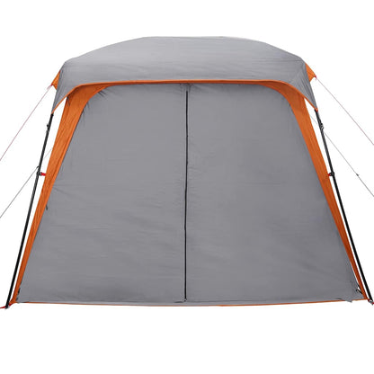 Detail van de grijze en oranje vidaXL kampeertent met verandakoepel, zijaanzicht.