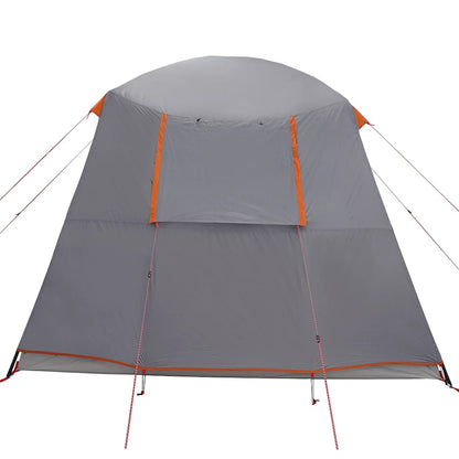 Detail van de grijze vidaXL kampeertent met oranje accenten en open ventilatie.