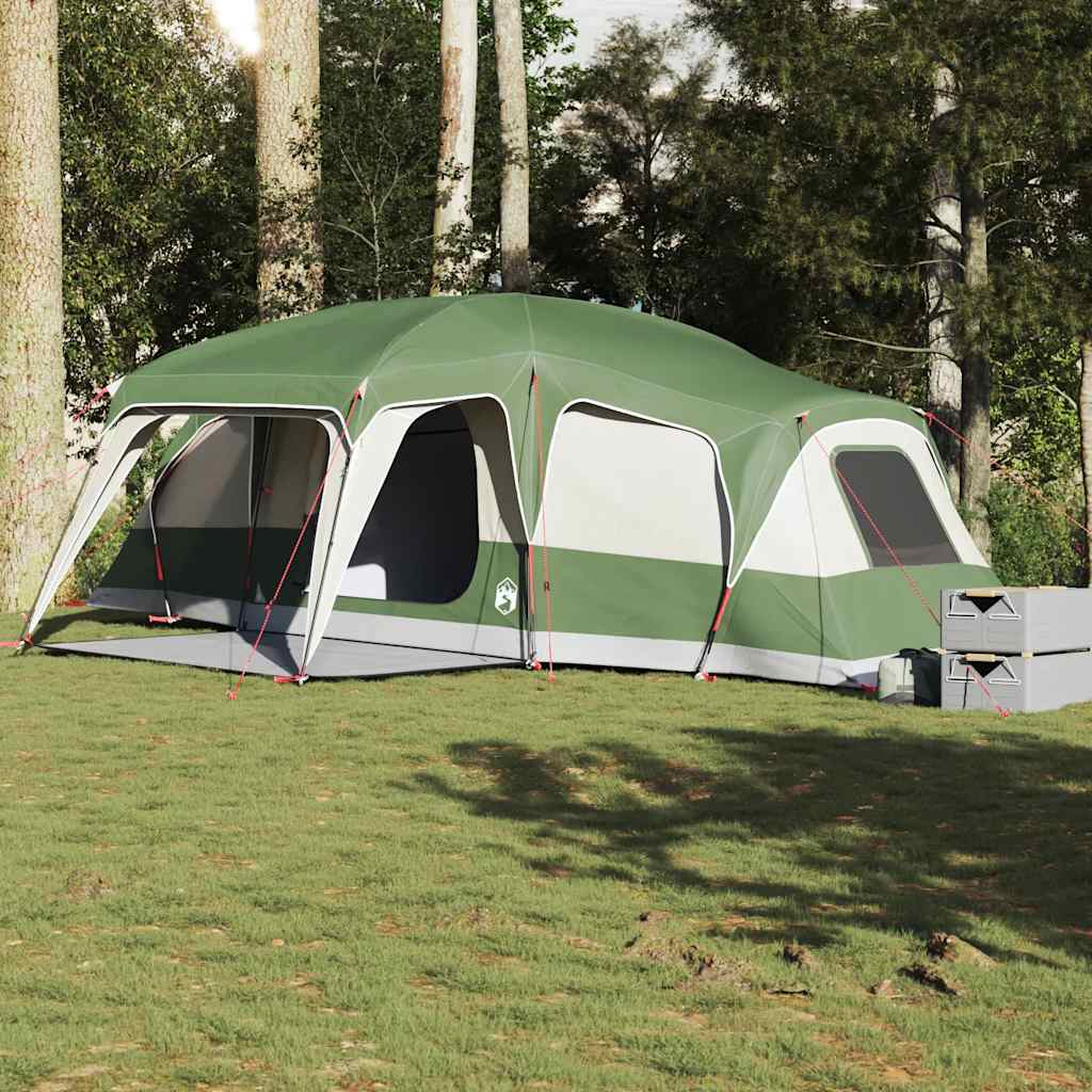 Detail van de vidaXL familietent met verandakoepel in groen, zijaanzicht met open ingangen.