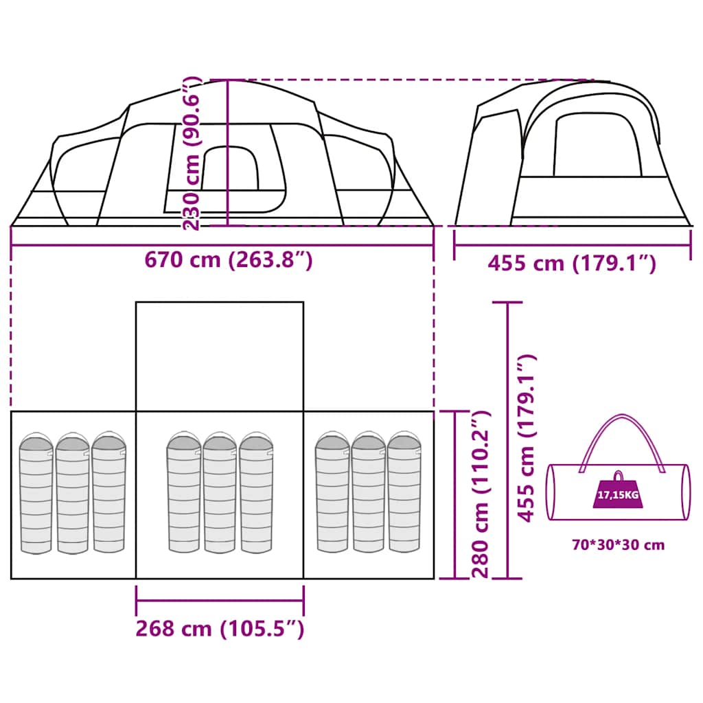Detailweergave van de vidaXL familietent met verandakoepel, inclusief afmetingen en opzetinstructies.