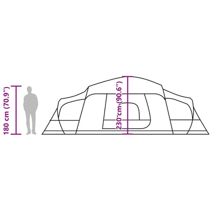 Zijaanzicht van de vidaXL familietent met verandakoepel, inclusief afmetingen en details.