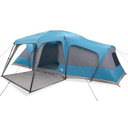 Detail van de vidaXL 9-persoons tent met verandakoepel in blauw en grijs, zijaanzicht.