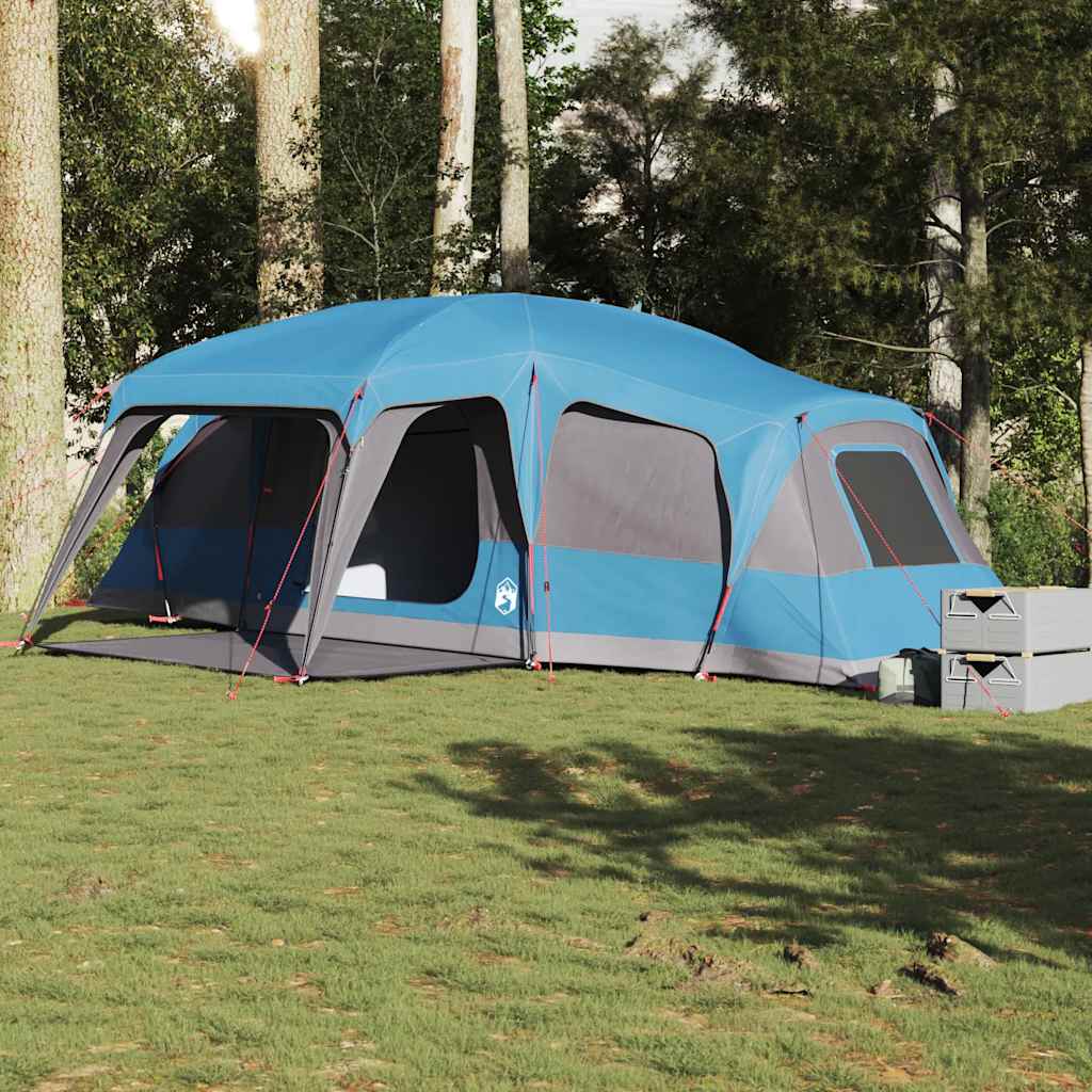 Zijaanzicht van de vidaXL 9-persoons familietent in blauw met verandakoepel.