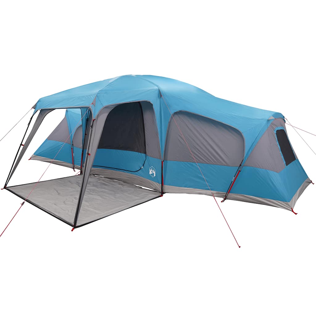 Zijaanzicht van de vidaXL 9-persoons familietent met verandakoepel in blauw en grijs.