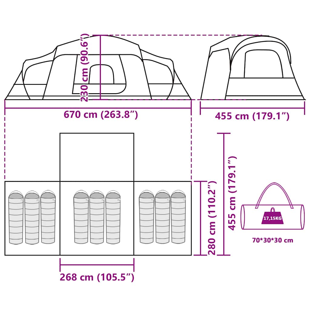 Detailtekening van de vidaXL 9-persoons familietent met afmetingen en draagtas.