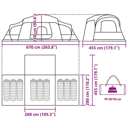 Detailtekening van de vidaXL 9-persoons familietent met afmetingen en draagtas.