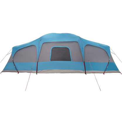 Detail van de vidaXL 9-persoons tent met verandakoepel in blauw en grijs, zijaanzicht.