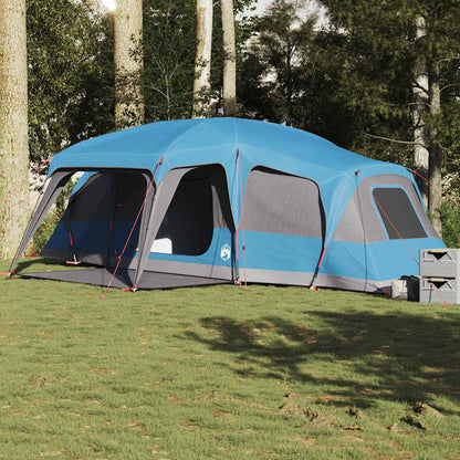 Blauwe vidaXL familietent voor 9 personen met verandakoepel, zijaanzicht in de natuur.