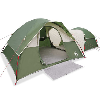 Zijaanzicht van de vidaXL 5-persoons tent in groen, met open ingang en binnenruimte zichtbaar.