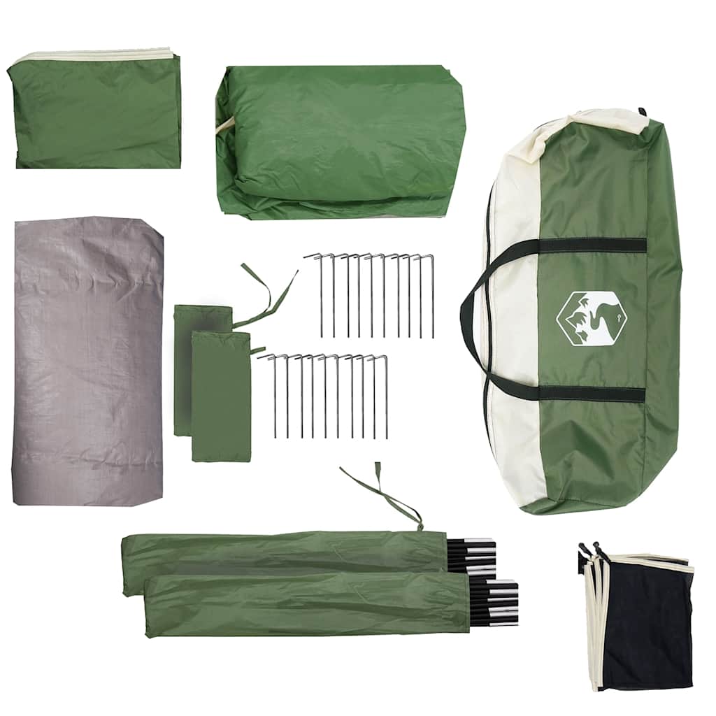 Detail van de groene vidaXL tentaccessoires, inclusief stokken, haringen en draagtas.