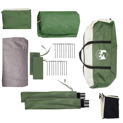 Detail van de groene vidaXL tentaccessoires, inclusief stokken, haringen en draagtas.