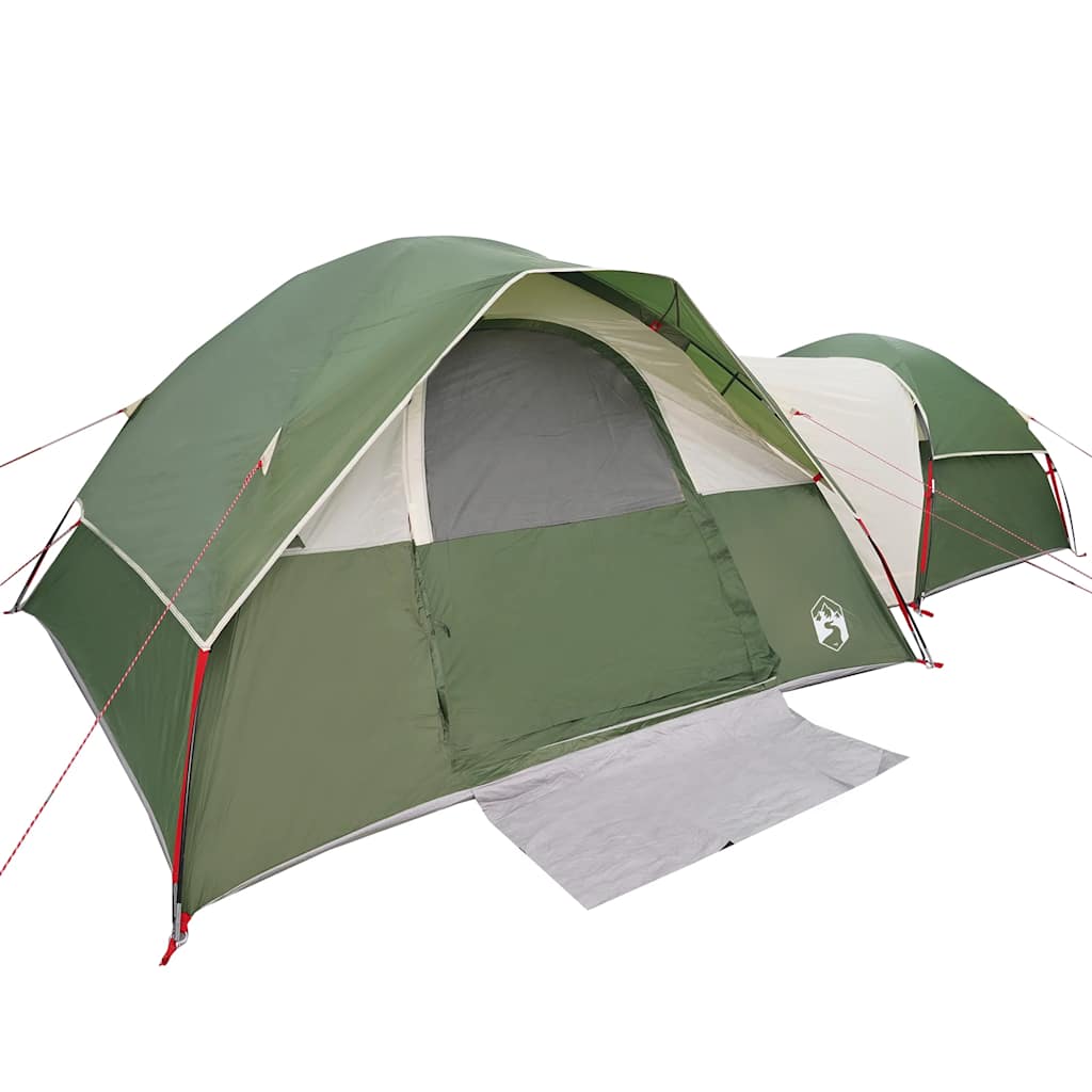 Zijaanzicht van de vidaXL 5-persoons tent, met groene waterdichte buitenkant en ingangen.