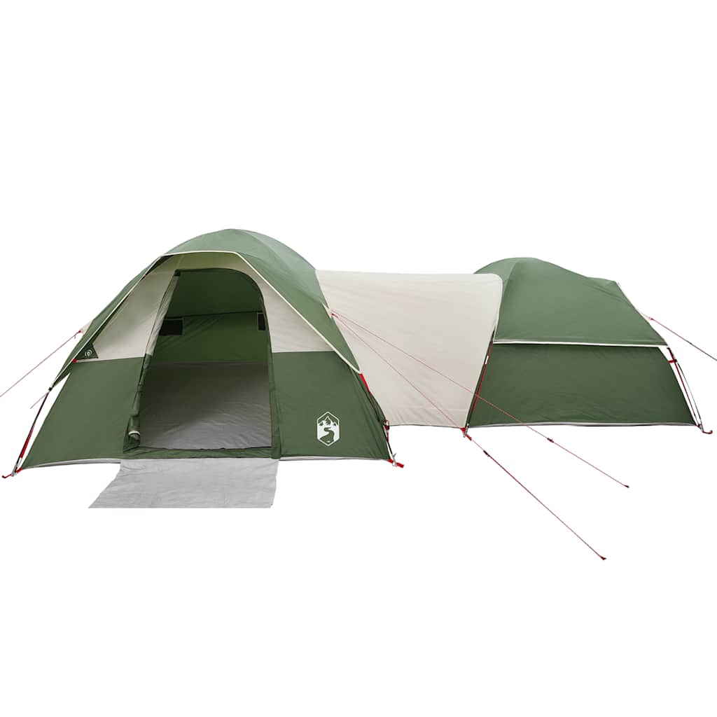 Zijaanzicht van de vidaXL 5-persoons tent in groen, met ingang en voortent zichtbaar.