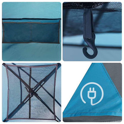 Detail van de tent met E-port voor elektriciteitstoegang en haakje aan de binnenkant.