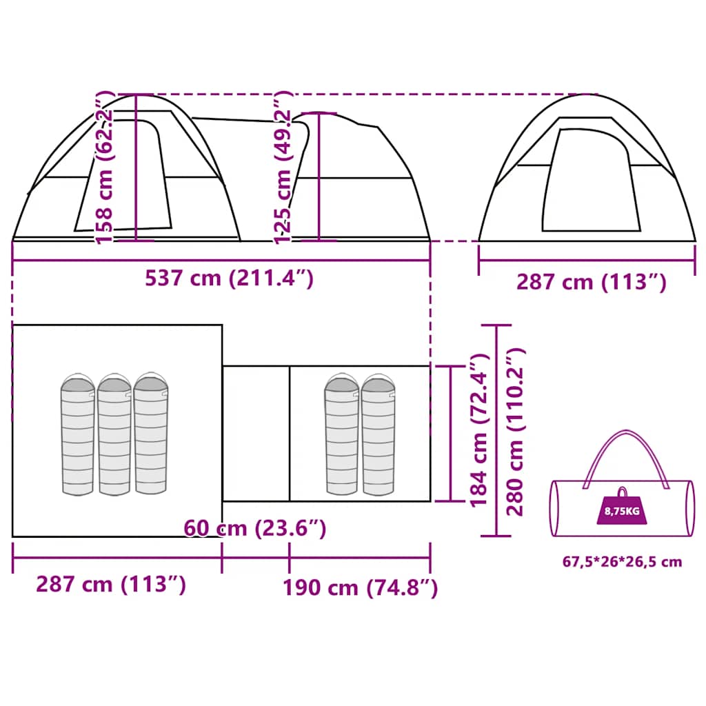 Detail van de afmetingen en indeling van de vidaXL 5-persoons tent in blauw.