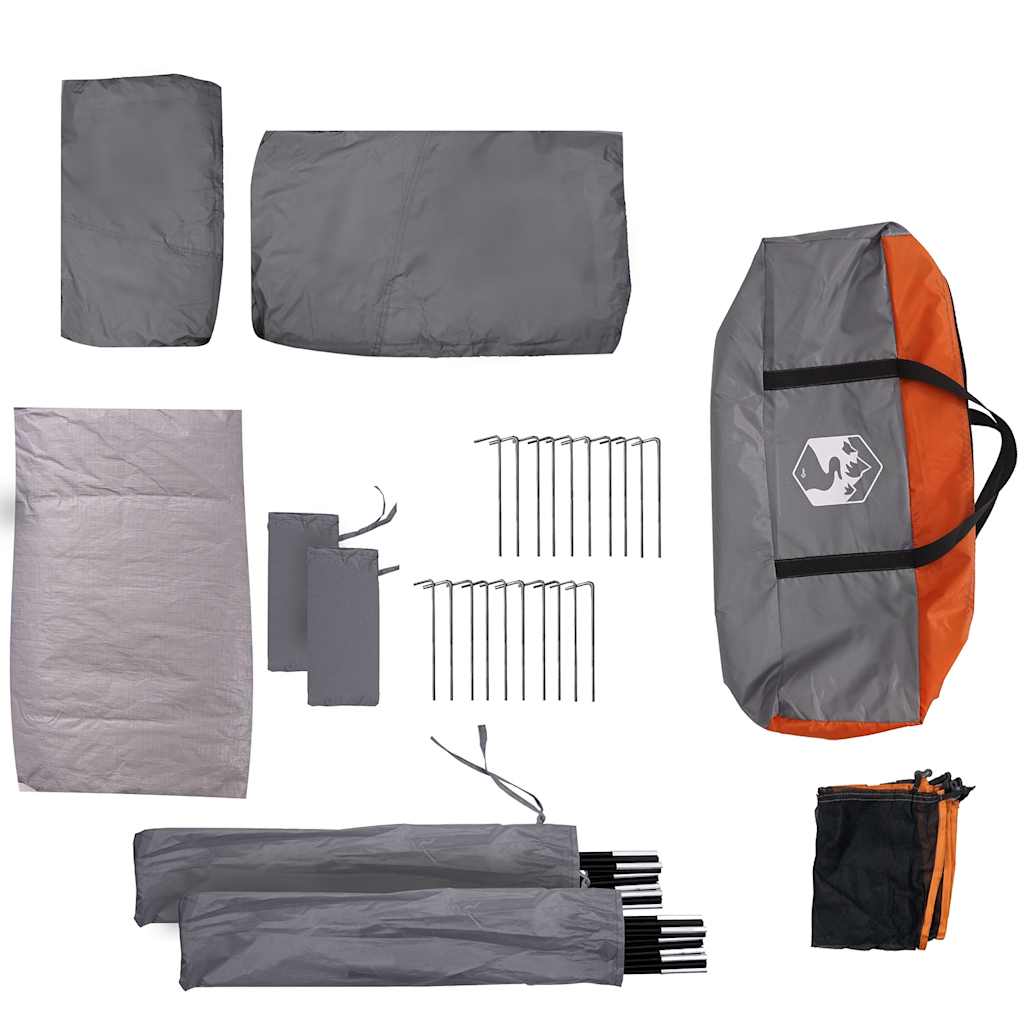 Detail van de grijs-oranje vidaXL tent met stokken, haringen en opbergtas.