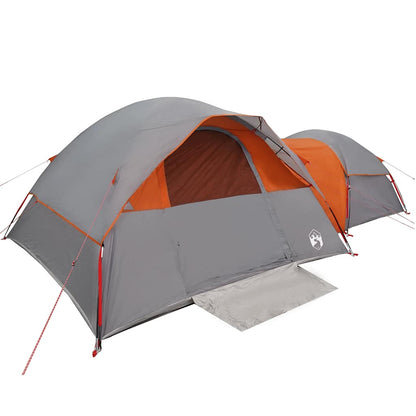 Detail van de vidaXL 5-persoons tent in grijs en oranje, zijaanzicht met ingang zichtbaar.