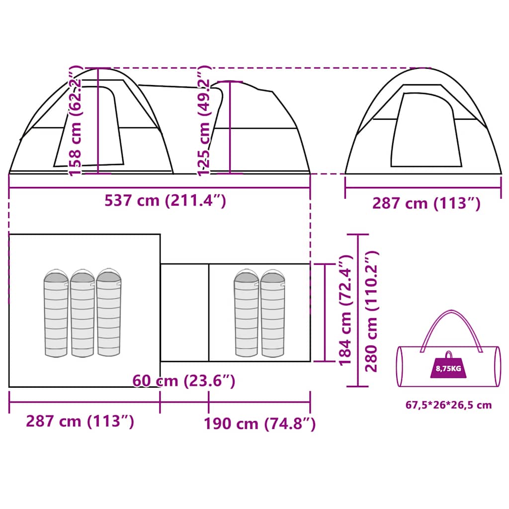 Detail van de afmetingen en specificaties van de vidaXL 5-persoons tent in grijs en oranje.