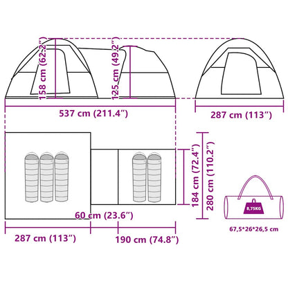 Detail van de afmetingen en specificaties van de vidaXL 5-persoons tent in grijs en oranje.