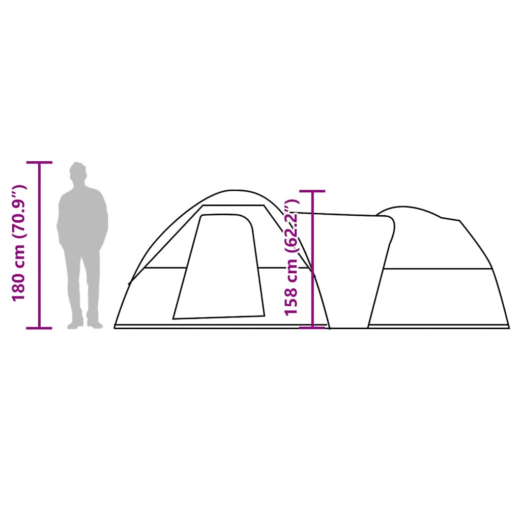 Zijaanzicht van de vidaXL 5-persoons tent met afmetingen en ingang.