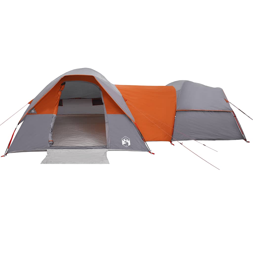 Detail van de vidaXL 5-persoons tent in grijs en oranje, met open ingang en tentdoek.