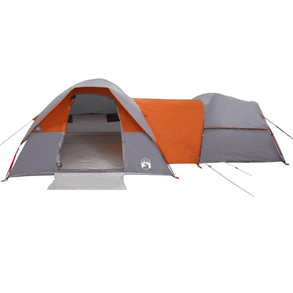 Detail van de vidaXL 5-persoons tent in grijs en oranje, met open ingang en tentdoek.