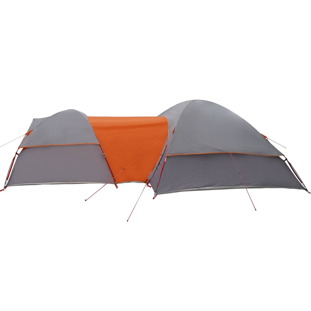 Detail van de grijs-oranje vidaXL tent met waterdichte buitentent en ventilatieopeningen.