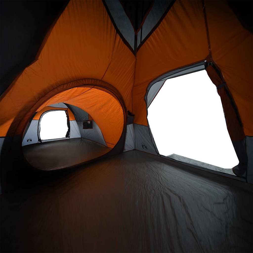 Interieur van de vidaXL 5-persoons tent met grijze en oranje details en ramen.
