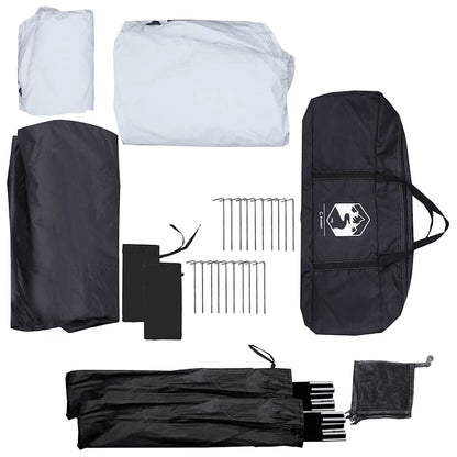 Detail van de accessoires van de vidaXL 5-persoons tent, inclusief stokken en haringen.